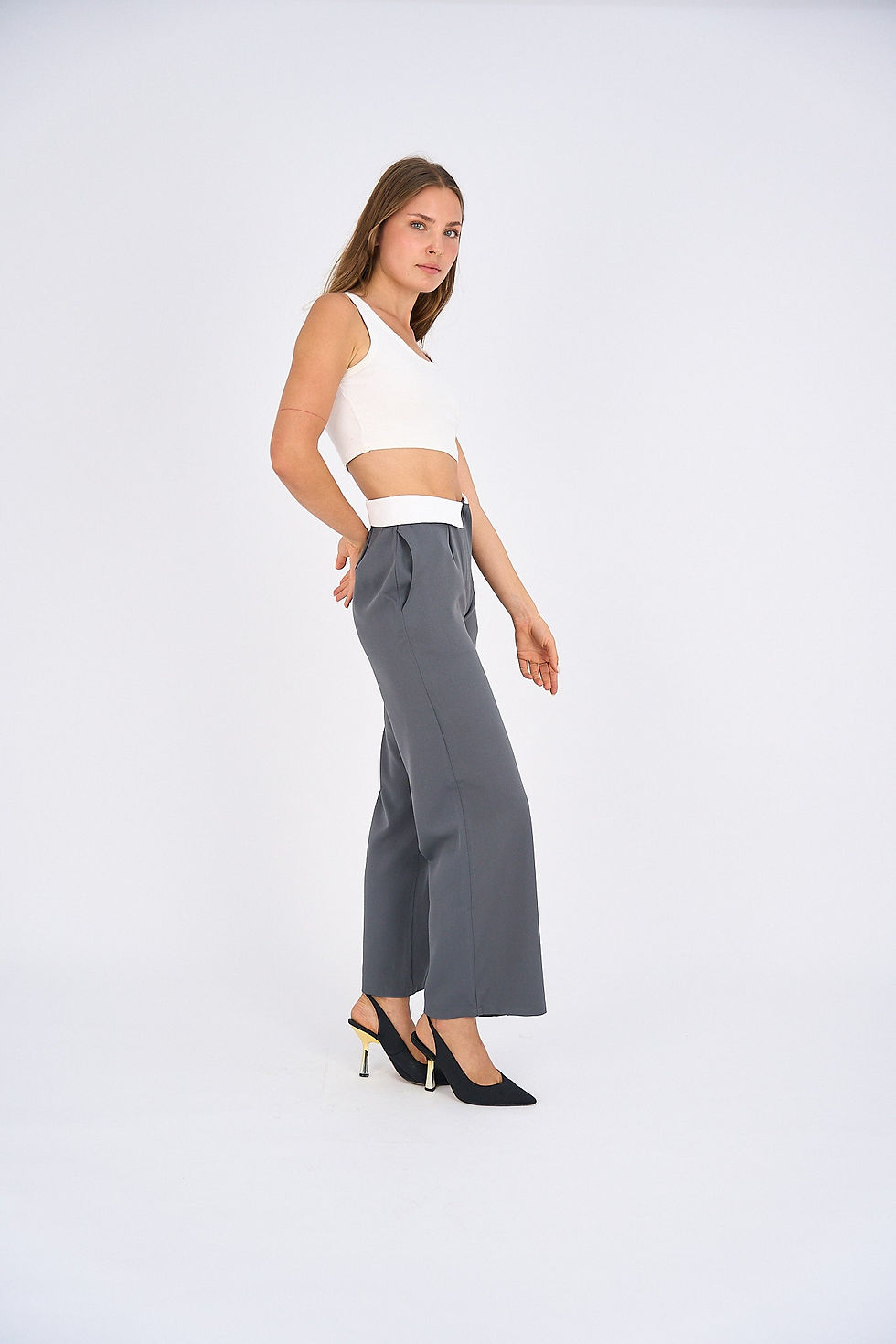Thumbnail: Grey “Wednesday” Reversed Waistband Wide Leg Pants - Gray