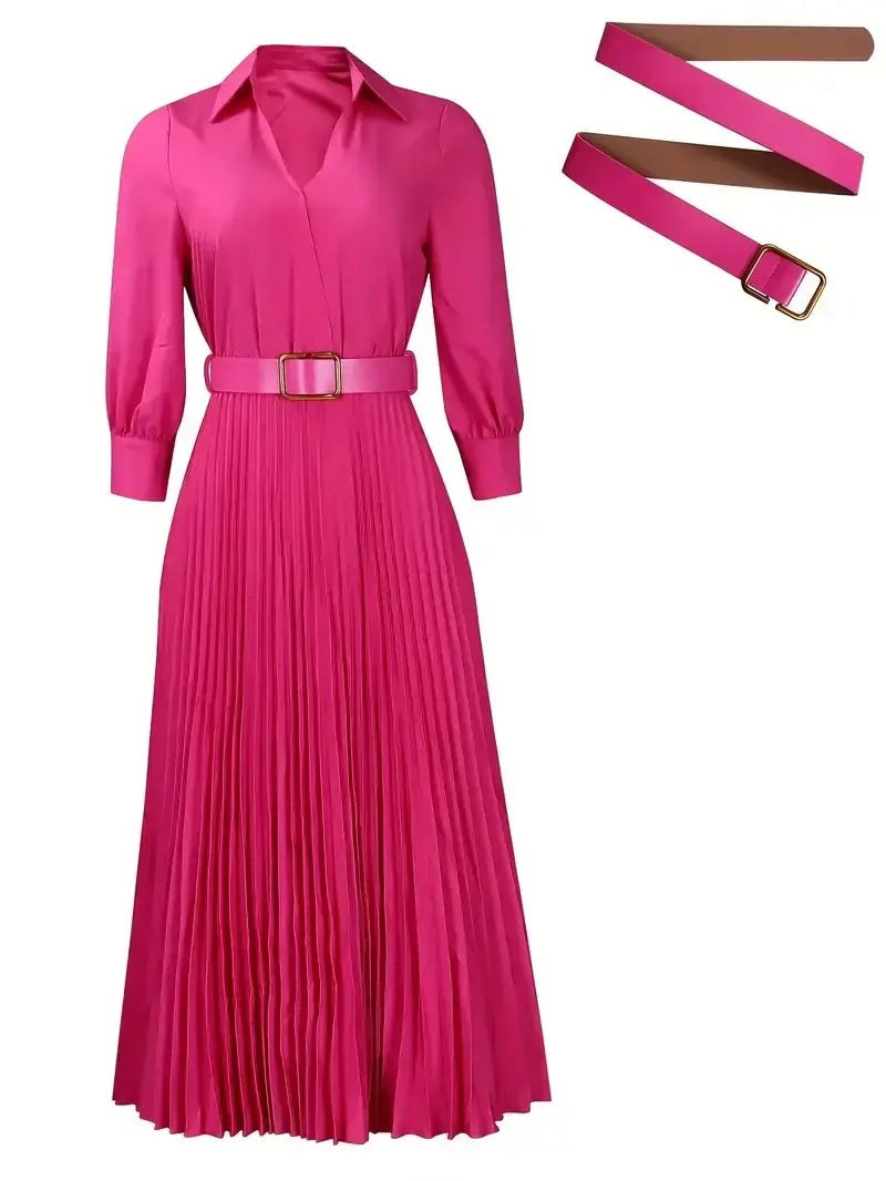 Thumbnail: "The Misses" Long Sleeve Belted V-Neck Pleated A line Dress