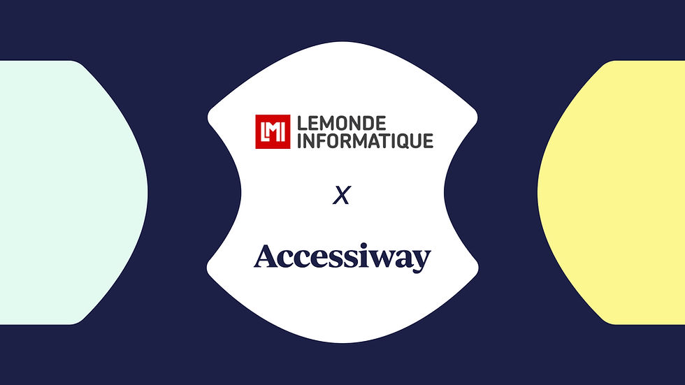 Logo avec le texte 'Le Monde Informatique' au-dessus d'un 'X' et le texte 'Accessiway' en dessous, insérés dans un cadre blanc en forme de blason sur fond bleu foncé.