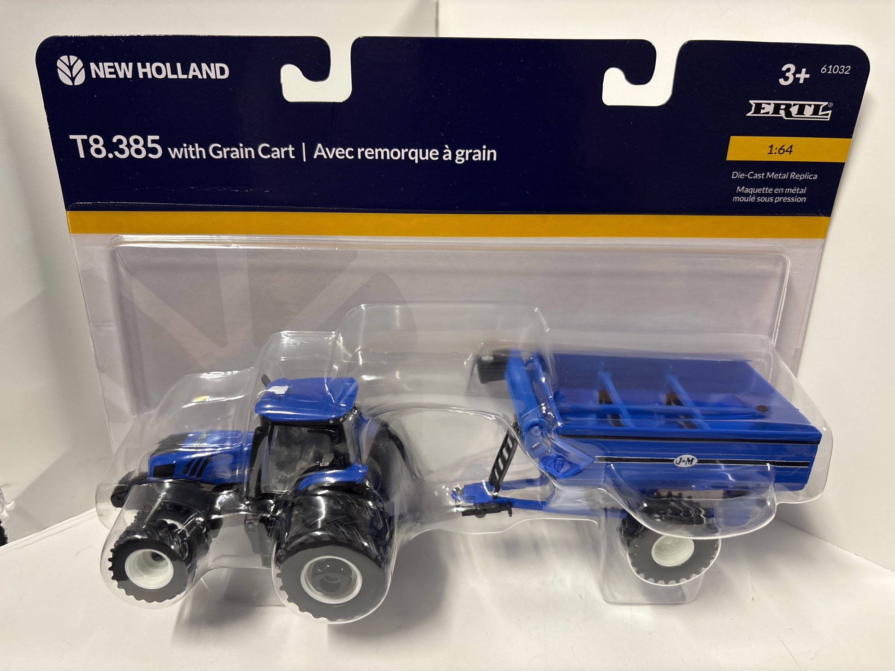 1/64 New Holland T8.385 Tractor w/ Duals On Front & Rear w/ Blue J&M Grain Cart