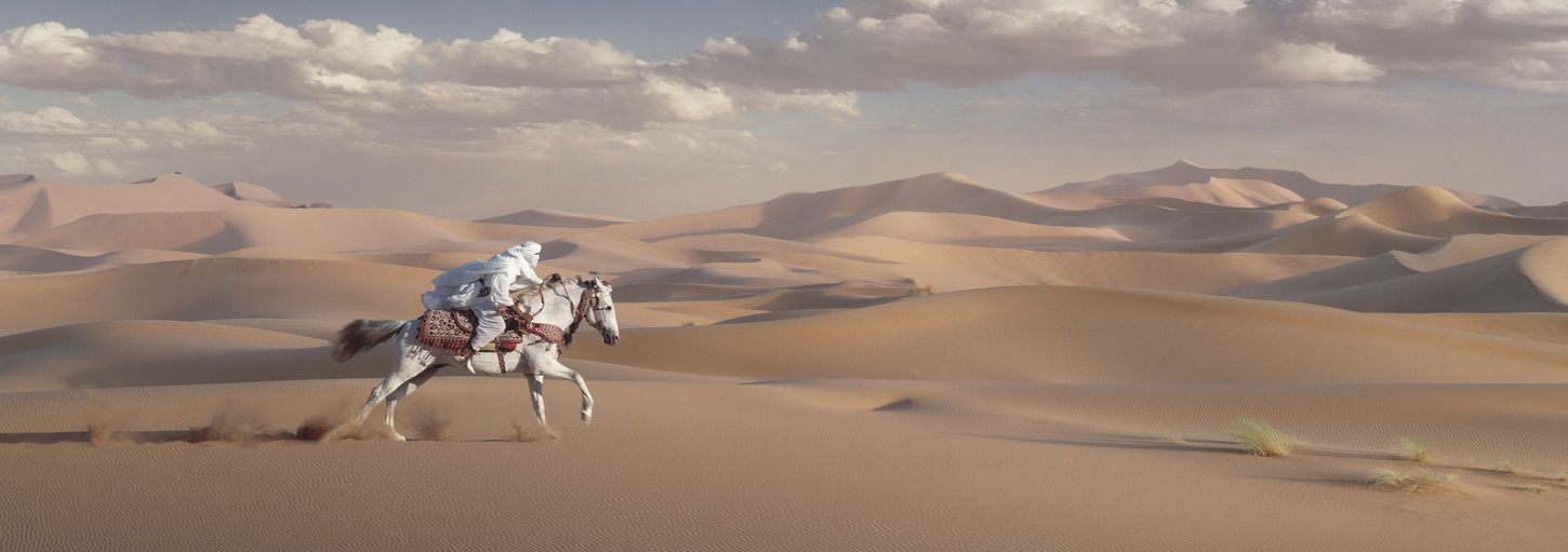 A retouched advertising campaign image of a bedouin on a white horse racing through sand dunes in a desert.