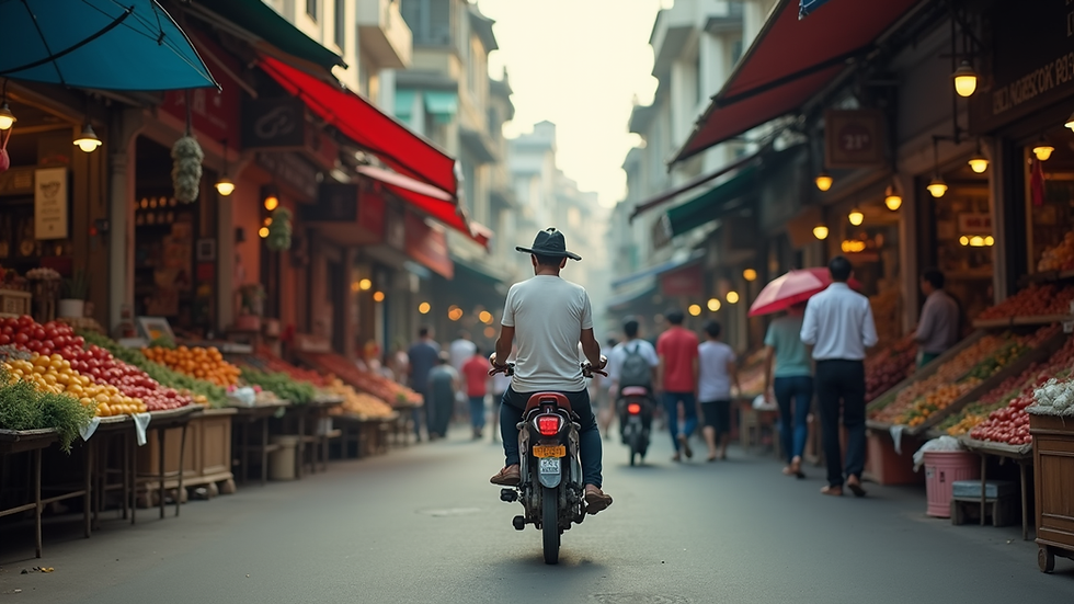 Eye-level view of a vibrant street market in Vietnam