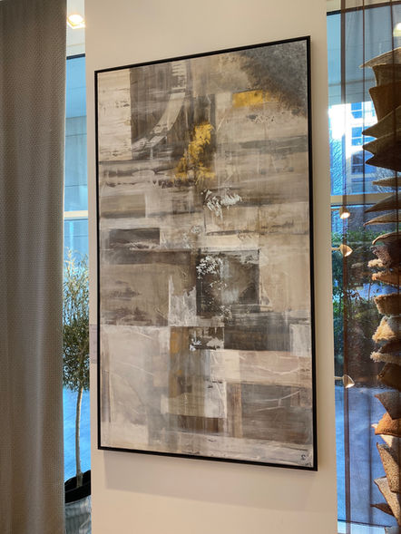 Ganymede abstract art with gold leaf displayed hanging on wall