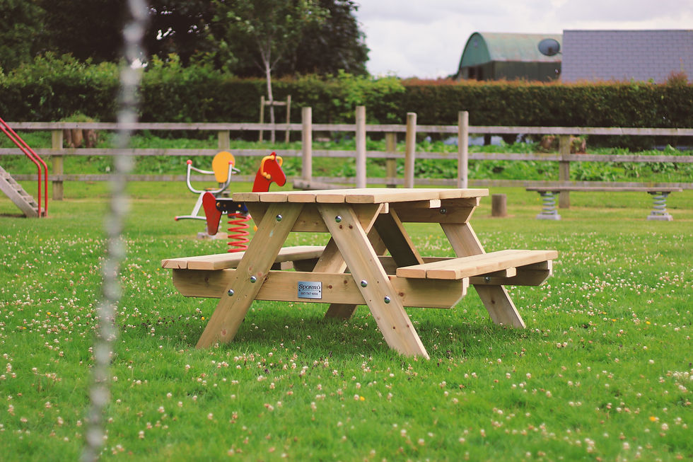 wooden picnic bench in garden setting