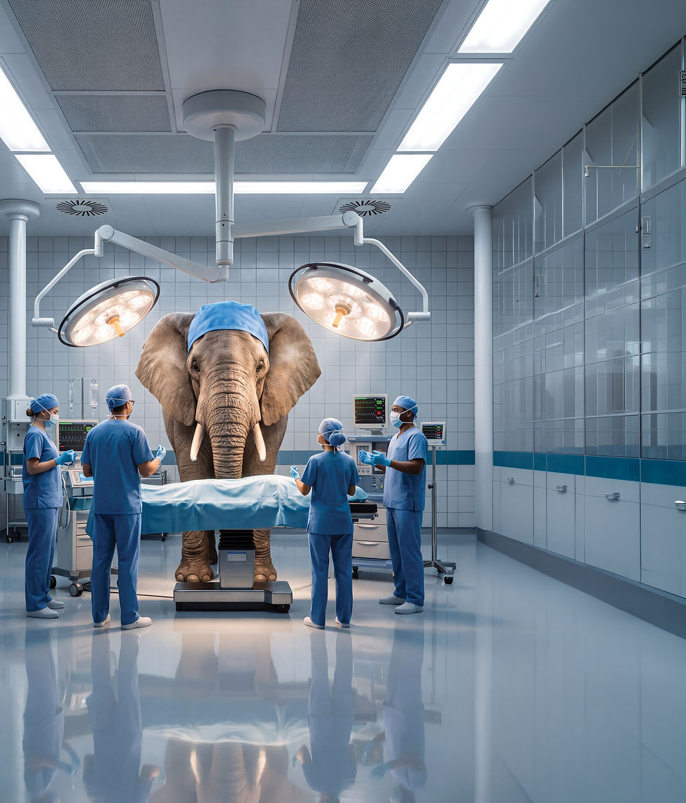 An elephant in an operating room together with healthcare workers
