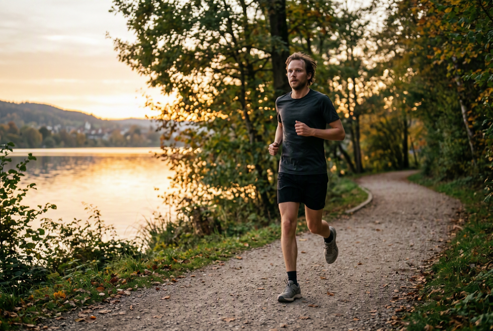 Mann läuft bei Sonnenuntergang auf einem Waldweg am See; das Motiv ergänzt den Beitrag, weil es die ruhige Grundlagenausdauer als Basis neben hartem Sprinttraining zeigt.