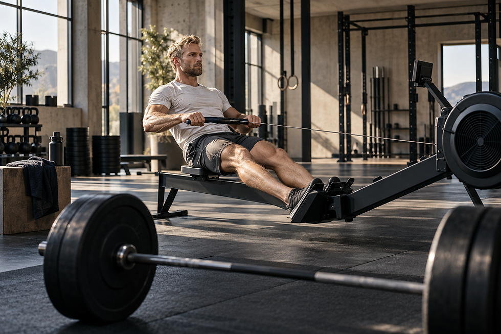 Ein trainierter Mann verbindet Ausdauertraining am Ruderergometer mit Krafttraining.