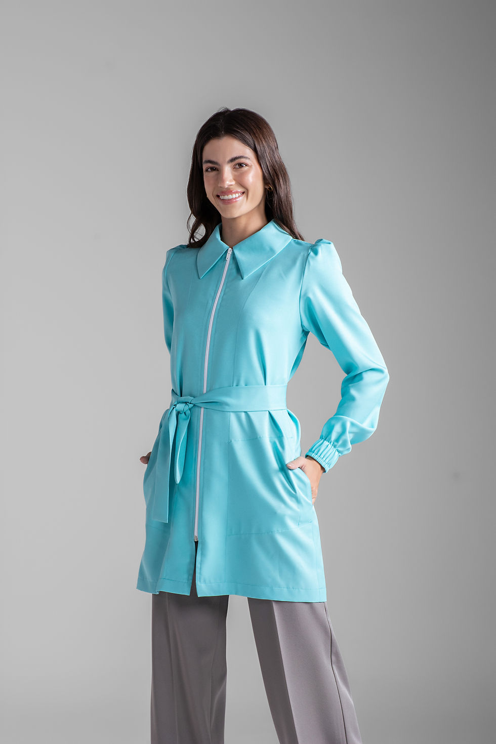 Miniatura: 8040 - Jaleco zíper destacável manga bufante com cinto