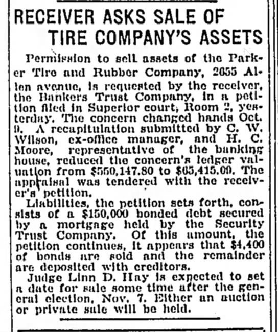 Newspaper clipping on sale of Parker Tire assets by Bankers Trust Co. Mentions financial details and legal proceedings. Black text.