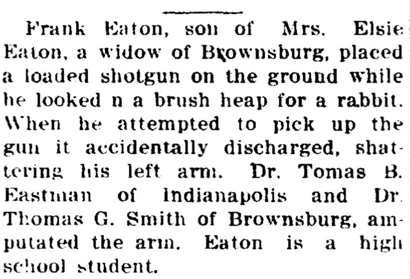 A black-and-white newspaper clipping recounts Frank Eaton's shotgun accident, resulting in his arm amputation by two doctors.