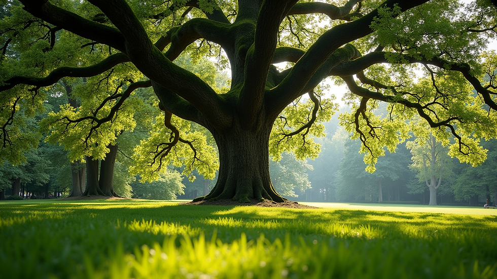 Eye-level view of a large oak tree in a peaceful garden