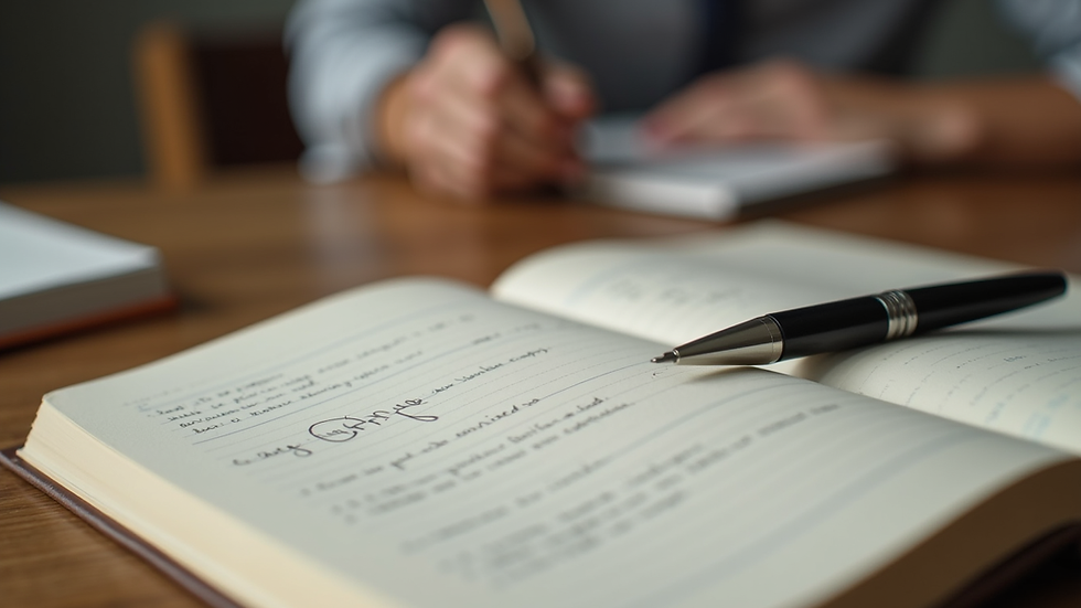 Close-up view of a journal and pen on a wooden table symbolizing self-reflection