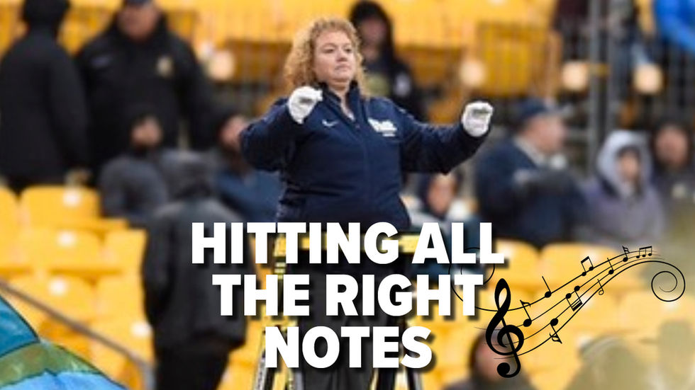 Virginia Schaap, assistant band director, conducting from a ladder in a stadium with overlaid title text "Hitting All the Right Notes" and musical notes graphic.