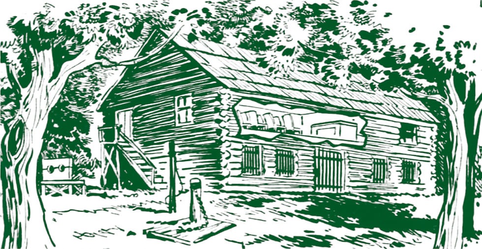 A detailed green ink-line illustration, centered on a white background, of the historic log-built "Old Stone Church" (Pounder House). The sketch shows the multi-story log structure nestled between two large, leafy trees. The ground level has barred windows and a door with a barred window, while the upper level has windows and an exterior staircase leading to a door on the left. An interior cutaway view of the upper level reveals a meeting room with rows of pews. In the foreground, there is a small platform with shackles (a pounder) and a hitching post.