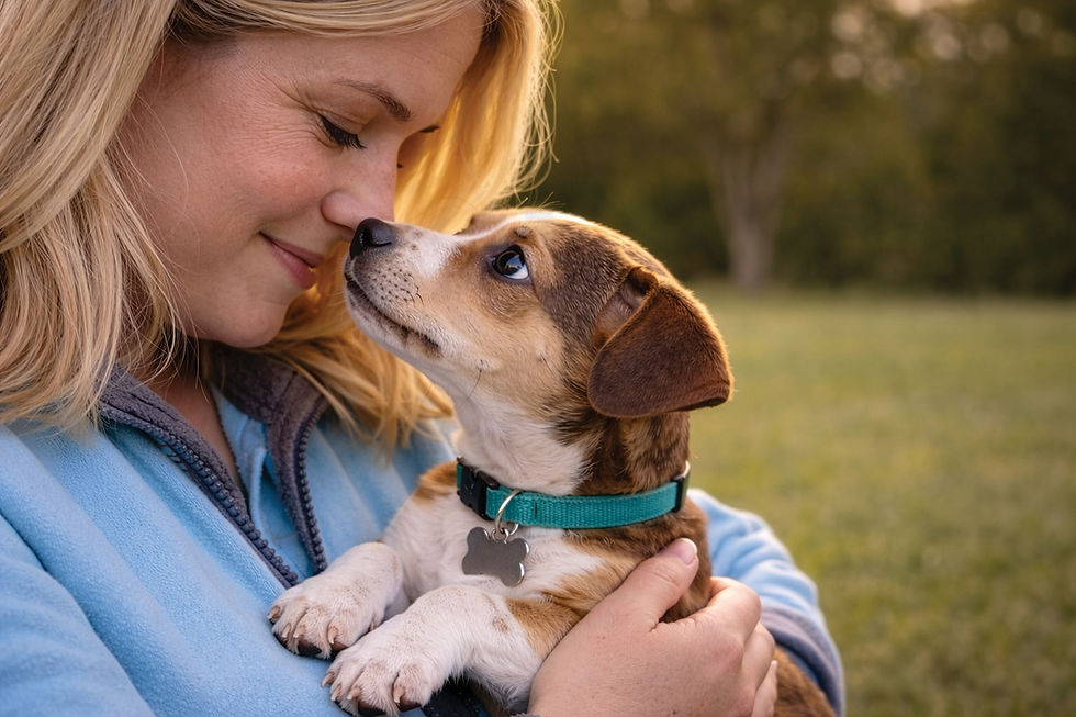 A close-up side-profile shot of a blonde woman wearing a blue fleece jacket, holding a small puppy with brown and white markings. The puppy is wearing a teal collar with a bone-shaped tag, and the two are nose-to-nose in a tender moment. The background is a soft, golden-lit outdoor area.