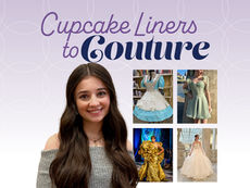 A promotional graphic with a lavender patterned background and the title "Cupcake Liners to Couture." The image features a large portrait of Sidney Rice on the left and four smaller thumbnail photos on the right showcasing her work: the Alice in Wonderland book-page dress, the sage green homecoming dress, the "Sunrise on the Runway" gold gown, and a white lace bridal gown.
