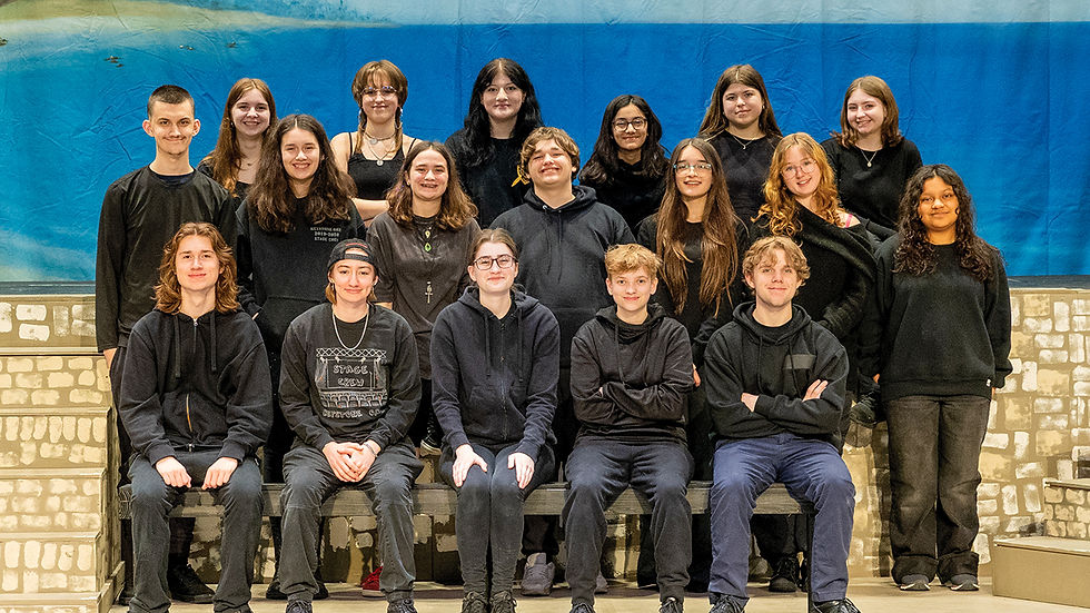 A wide-angle photograph capturing a large group of around twenty young people, dressed in black clothing, posing on a theater stage. They are arranged in a tiered formation, with a front row seated on a bench and two rows standing behind them. The stage backdrop features a painted beach scene with blue water and sky, alongside large artificial palm fronds on the left. Stage props resembling low, light-brown stone walls and steps flank the group. The students are smiling and looking toward the camera, filling the majority of the frame.