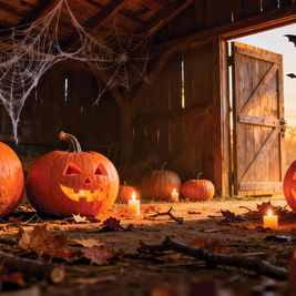 A Halloween-themed barn interior at dusk. In the foreground, several pumpkins and jack-o'-lanterns rest on a dirt floor scattered with autumn leaves and glowing candles. Above, elaborate fake spiderwebs stretch across the dark wooden beams. In the background, open barn doors reveal a twilight sky where three bats fly in silhouette.