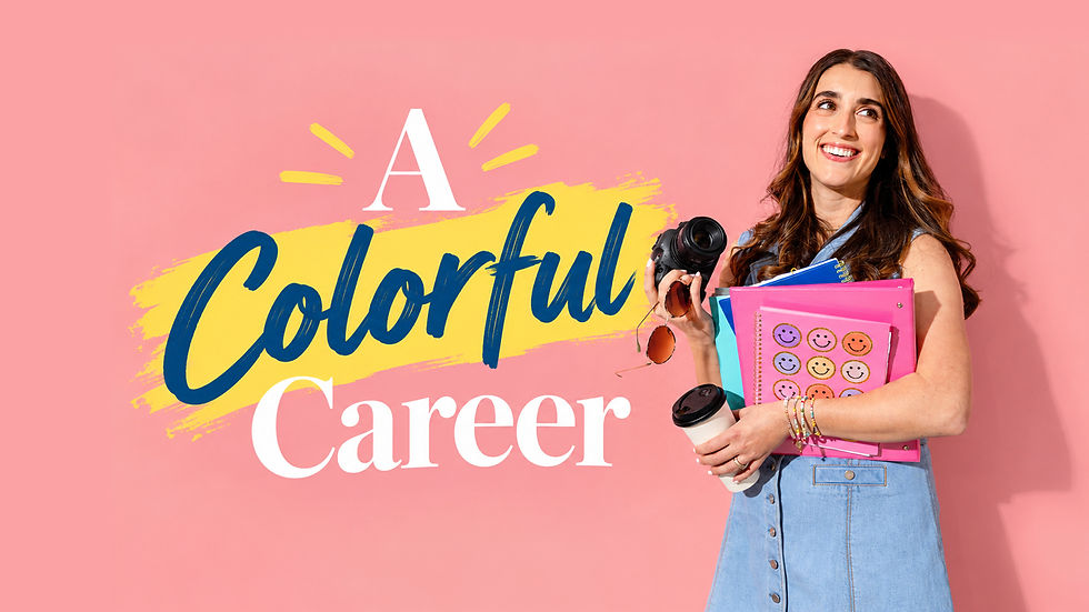 Graphic promotional image featuring Alisha Cohen on a pink background with bold text reading "A Colorful Career," holding a camera, coffee cup, and smiling-face planners.