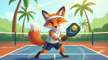 Illustrated winking fox wearing a headband and athletic wear on a pickleball court, holding a paddle with pickleballs floating in the air.