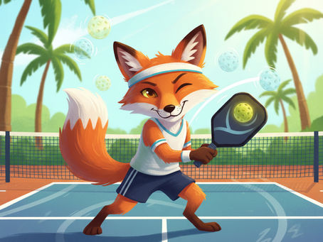 Illustrated winking fox wearing a headband and athletic wear on a pickleball court, holding a paddle with pickleballs floating in the air.