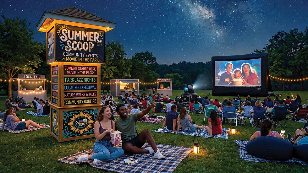 A vibrant evening at a "Summer Scoop" outdoor community movie event. In the foreground, a man points toward a large inflatable screen where a diverse audience sits on blankets and chairs. To the left, a wooden signpost lists upcoming activities: "Summer Starts Here Movie in the Park," "Park Jazz Nights," "Local Food Festival," "Nature Walks & Tales," and "Community Bonfire." The scene is illuminated by warm string lights and the glow of the movie screen, set against a clear, star-filled night sky.