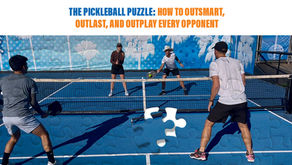 A strategic concept graphic for the "Pickleball Puzzle" article. The image features a blue pickleball court with four players in a mid-rally stance. Superimposed over the scene is a puzzle-piece grid effect, with one bright, glowing white puzzle piece centered over the net, symbolizing the "missing piece" of game strategy and awareness.