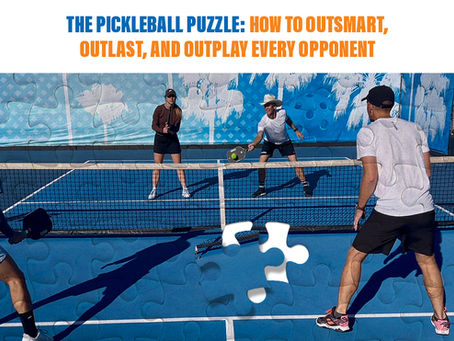 A strategic concept graphic for the "Pickleball Puzzle" article. The image features a blue pickleball court with four players in a mid-rally stance. Superimposed over the scene is a puzzle-piece grid effect, with one bright, glowing white puzzle piece centered over the net, symbolizing the "missing piece" of game strategy and awareness.