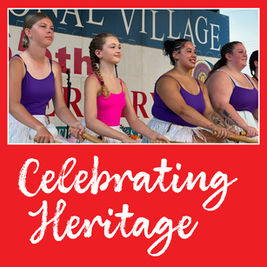 A multi-image collage with a red background and white text that reads "Celebrating Heritage." The top left image shows a young boy in a checkered apron holding a tray of food. The bottom left image shows a person frying food in a deep fryer. The top center image shows four girls in purple and pink tank tops and white skirts holding sticks. The top right image shows a person's hands holding a cup under a shaved ice machine. The bottom right image shows two people smiling and posing in a photo booth frame.