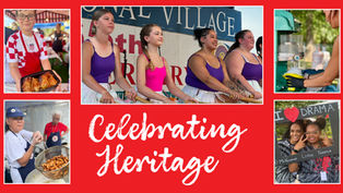 A multi-image collage with a red background and white text that reads "Celebrating Heritage." The top left image shows a young boy in a checkered apron holding a tray of food. The bottom left image shows a person frying food in a deep fryer. The top center image shows four girls in purple and pink tank tops and white skirts holding sticks. The top right image shows a person's hands holding a cup under a shaved ice machine. The bottom right image shows two people smiling and posing in a photo booth frame.