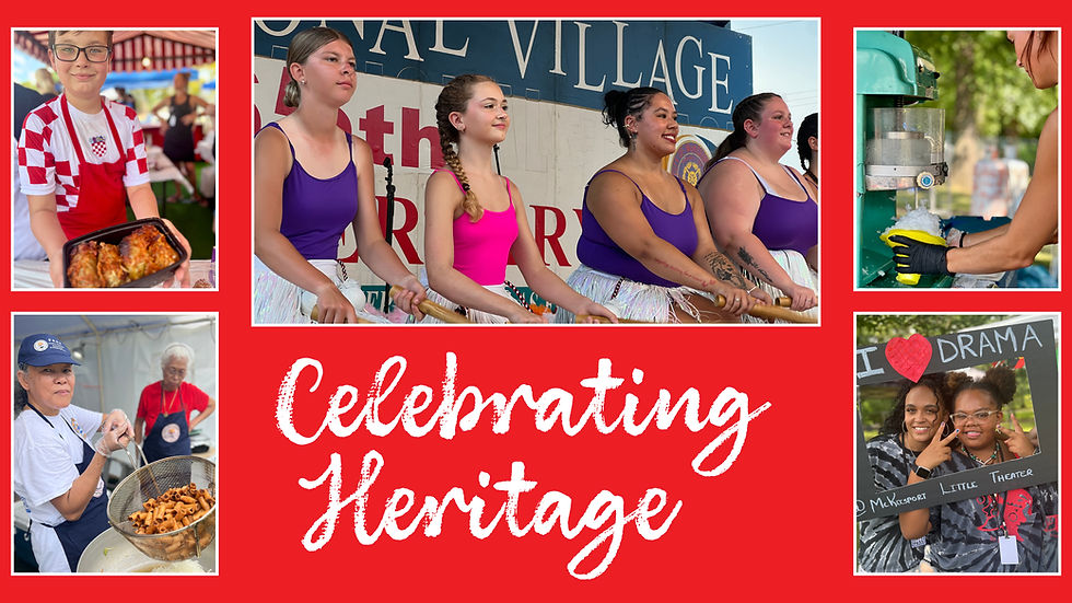 A multi-image collage with a red background and white text that reads "Celebrating Heritage." The top left image shows a young boy in a checkered apron holding a tray of food. The bottom left image shows a person frying food in a deep fryer. The top center image shows four girls in purple and pink tank tops and white skirts holding sticks. The top right image shows a person's hands holding a cup under a shaved ice machine. The bottom right image shows two people smiling and posing in a photo booth frame.
