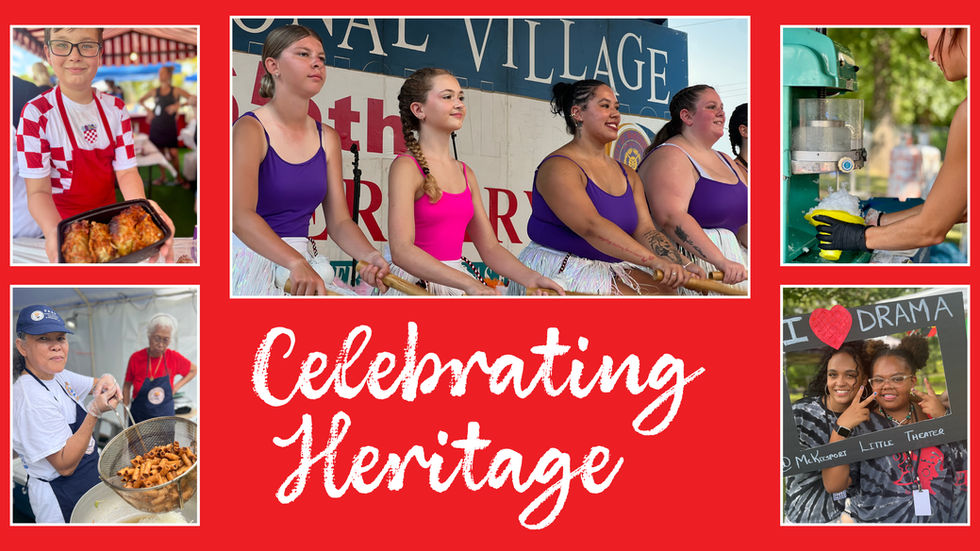 A multi-image collage with a red background and white text that reads "Celebrating Heritage." The top left image shows a young boy in a checkered apron holding a tray of food. The bottom left image shows a person frying food in a deep fryer. The top center image shows four girls in purple and pink tank tops and white skirts holding sticks. The top right image shows a person's hands holding a cup under a shaved ice machine. The bottom right image shows two people smiling and posing in a photo booth frame.