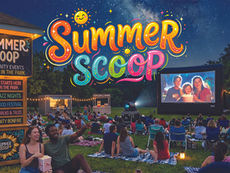 Vibrant graphic illustration of a "Summer Scoop" community outdoor movie night. In the foreground, a young couple sits on a blanket with popcorn, looking toward a large inflatable movie screen displaying a film of three children. To the left stands a wooden kiosk featuring a "SUMMER SCOOP" sign and a list of events including "Movie in the Park," "Park Jazz Nights," "Local Food Festival," "Nature Walks & Tales," and "Community Bonfire." The scene is set on a grassy lawn at night under a starry sky, with string lights and other attendees in lawn chairs in the background.