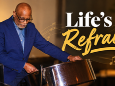 Promotional graphic featuring steel drum musician Hilary Borneo playing a steel pan, with the text "Life's Refrain" overlaid alongside musical notes.