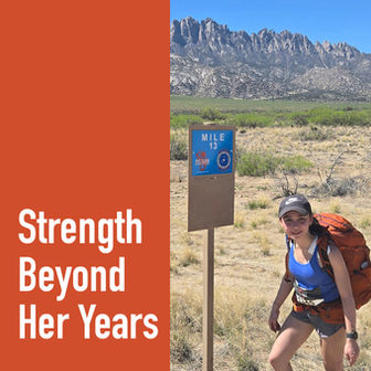 A feature image for an article titled "Strength Beyond Her Years." On the left is a solid orange background with the title in white text. On the right, a young woman in hiking gear smiles next to a "Mile 13" sign for the Bataan Memorial Death March, set against a desert landscape with rugged mountains under a clear blue sky.
