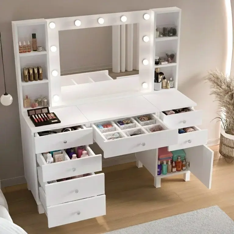 Küçük resim: Monroe Makyaj Masası 7 Çekmece Kapaklı Düzenleyici Hollywood Led Işıklı MO5-W