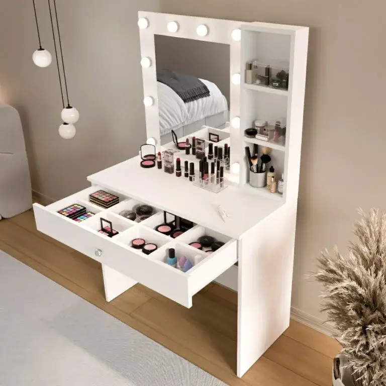 Küçük resim: Monroe Makyaj Masası Çekmeceli Düzenleyici Hollywood Led Işıklı Raflı MO3-W