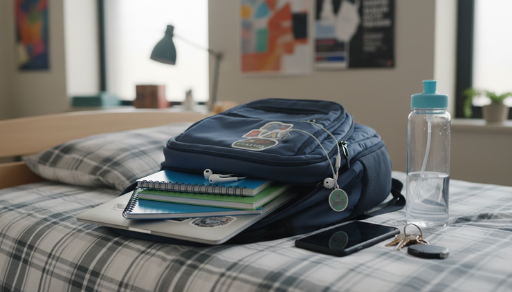Close-up view of a student backpack with a laptop, phone, keys, and notebooks arranged on a dorm bed.