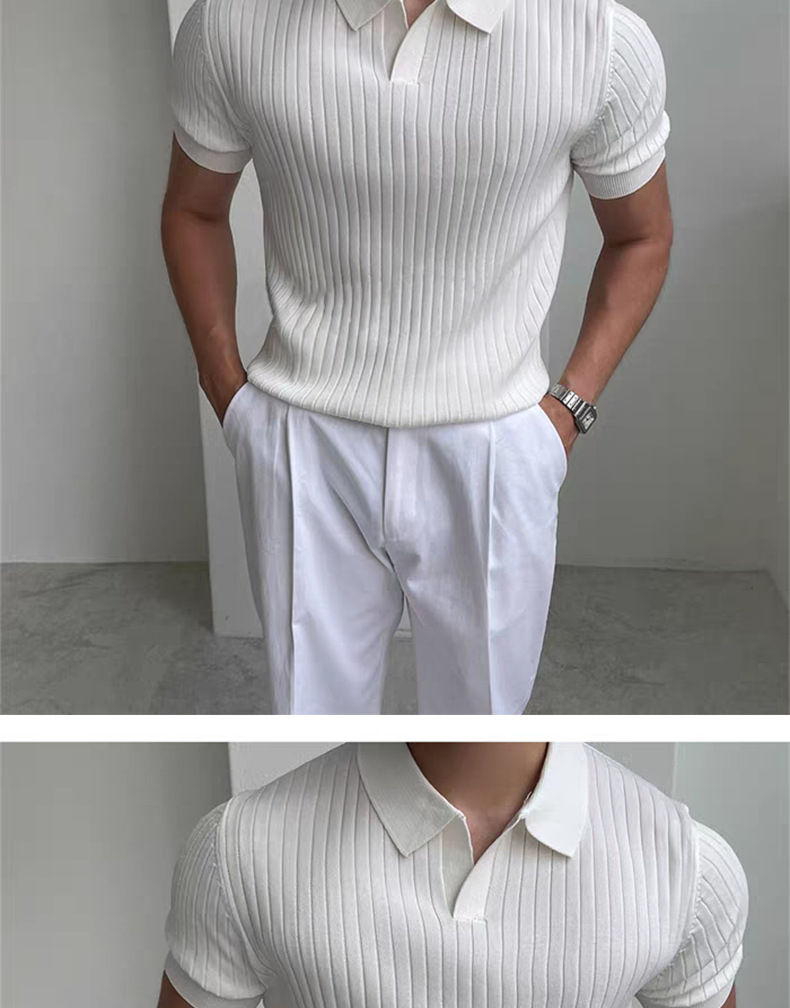 Miniatura: Polo Masculina em Algodão Canelado com Gola V - Estilo Sofisticado e Caimento Pe