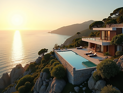 A breathtaking aerial view of a secluded luxury villa with infinity pool overlooking a pri
