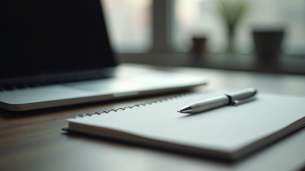 Close-up view of a luxury office desk with a laptop, notebook, and pen