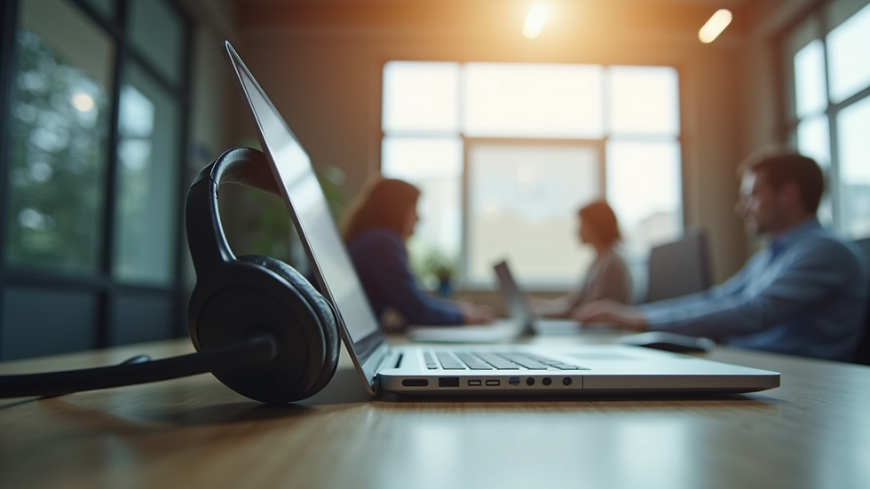 Eye-level view of a modern office desk with a laptop and headset