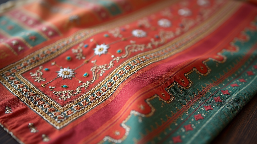 Close-up view of handloom saree fabric showing intricate embroidery and border design