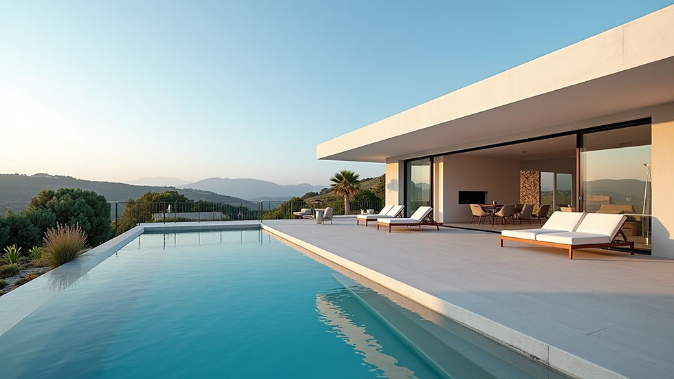 Wide angle view of a modern Portuguese villa with a swimming pool