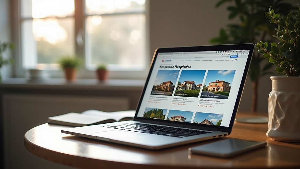 High angle view of a laptop screen showing Portuguese property listings
