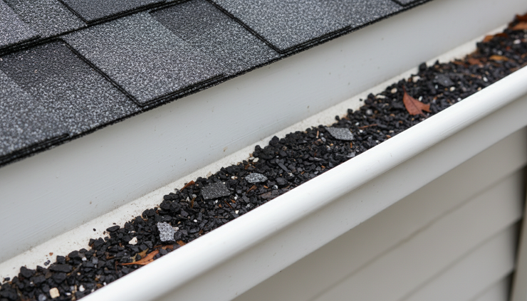 Close-up view of granules collected inside a white residential gutter