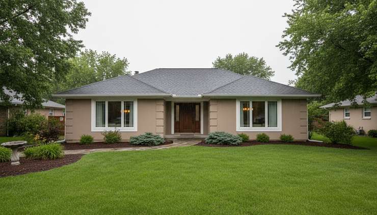 Wide-angle view of a suburban home with an asphalt shingle roof after light rain