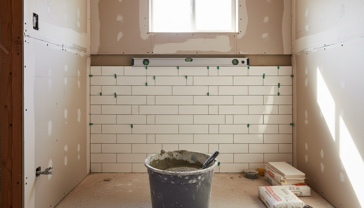 Eye-level view of a partially remodeled bathroom with tools and tile spacers