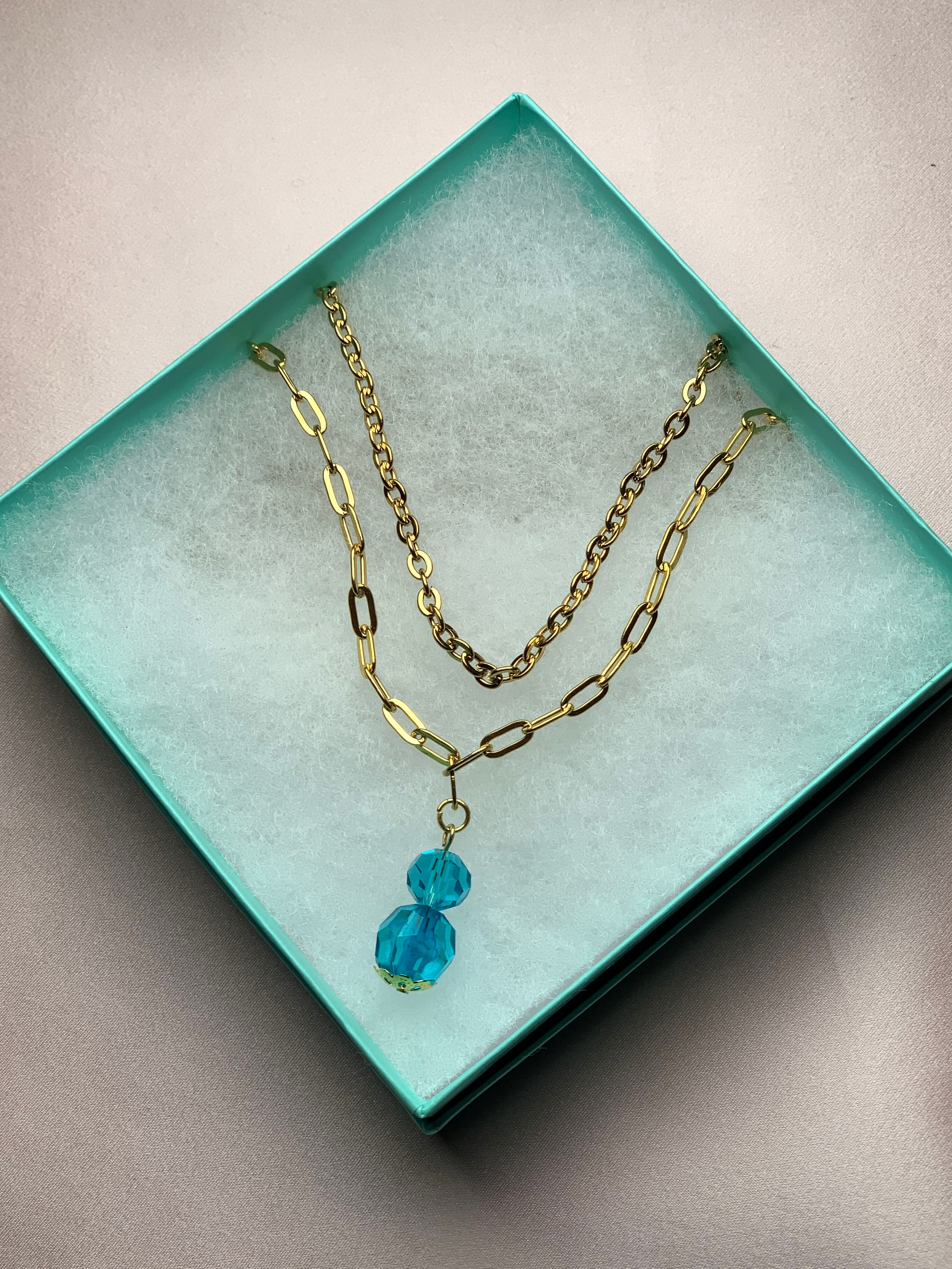Golden Link Necklace with Aqua Crystal Duo Pendant – Handmade Minimalist Jewelry