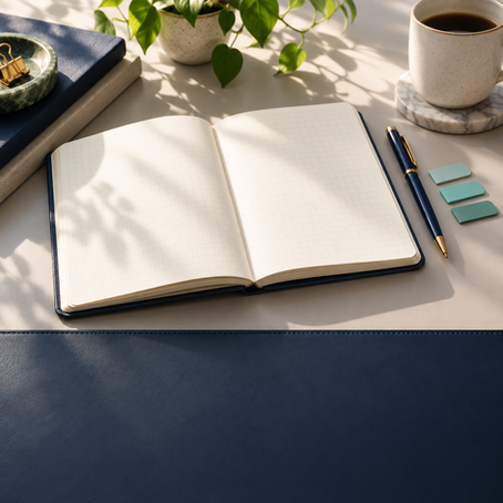 Open planning notebook with a navy pen and teal page tabs.
